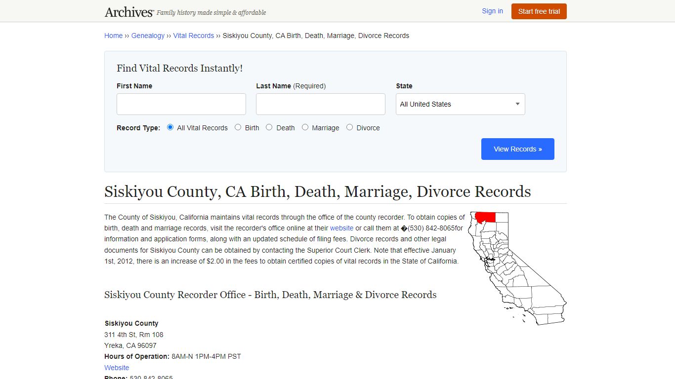 Siskiyou County, CA Birth, Death, Marriage, Divorce Records