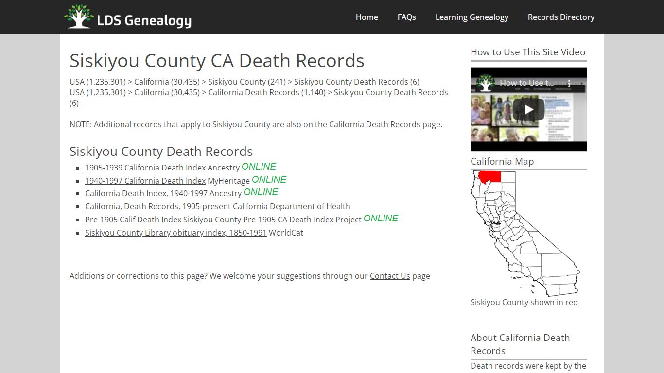 Siskiyou County CA Death Records - LDS Genealogy